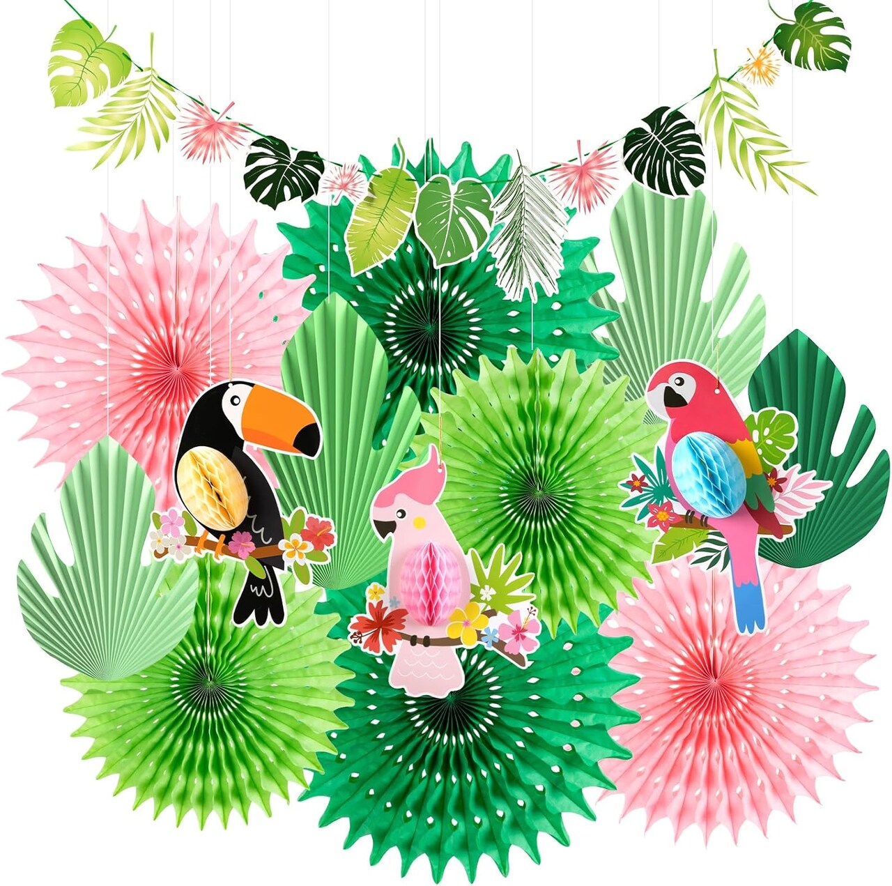 Green Pink Hanging Paper Fans for Tropical Party Decorations Tropical Bird Toucan Leaf Garland Party Kit for Summer Hawaiian Luau Tiki Tropical Jungle Themed Party Decorations